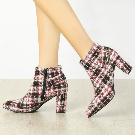 plaid high heel boots