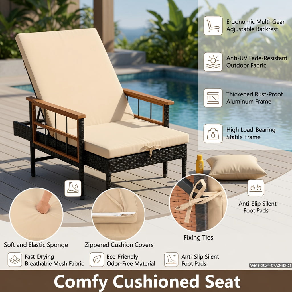 Hommoo Outdoor Chaise Lounge Chair with 4-Position Adjustable Backrest, Cushions, PE Rattan & Acacia Wood Frame, White