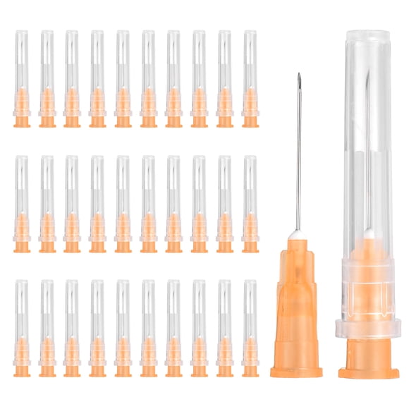 Uxcell 100 Paquete Aguja de Dispensación 25 Calibre 0.8 Pulgadas, Aguja de Dispensación Luer Lock para Laboratorio, Puntas de Acero Inoxidable para Dispensación de Inks y Pegamento Líquido, (Naranja)