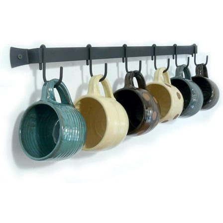 Wall-Mounted Wrought Iron Mug Rack, 24" with 6 Cup Hooks, Made in USA