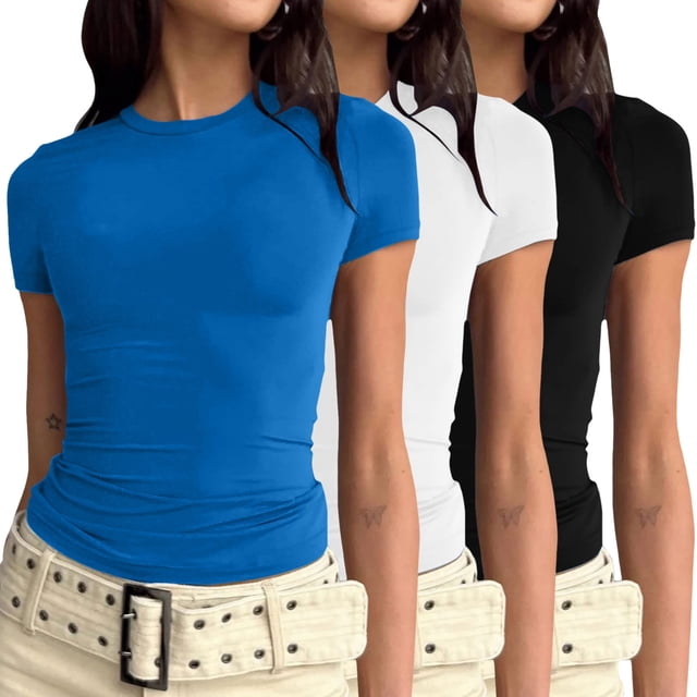 Ensemble 3 Pcs pour Femmes, Chemises à Manches Longues, Basiques, Ajustées, Crop Tops