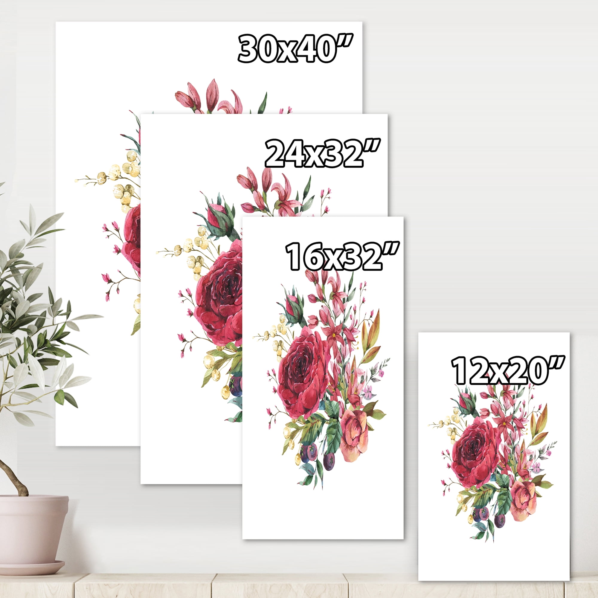 Designart ' Ancient Wildflowers and Burgundy Rose ' Farmhouse Canvas Wall Art Print