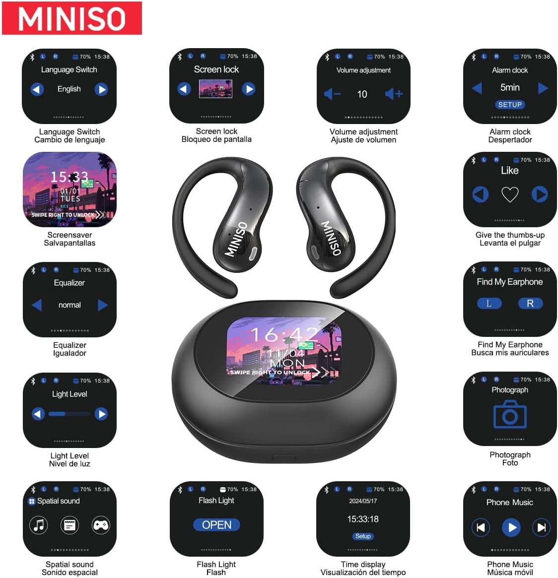 MINISO MS188 Language Translator Earbuds Real Time AI Translator Earbuds LCD Touchscreen Bluetooth Earbuds