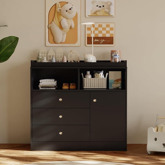 EastVita Dresser with Changing Table Top Changing Station with 3 Drawers Cabinet 2 Open Compartments Changing Table Dresser for Nursery Bedroom