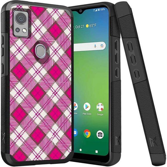 ANJ  Shockproof Dual Layer Slim Hard Case   Tempered Glass Cover Compatible with Icon 5, AT&T Motivate 4 - Pink/White Plaid