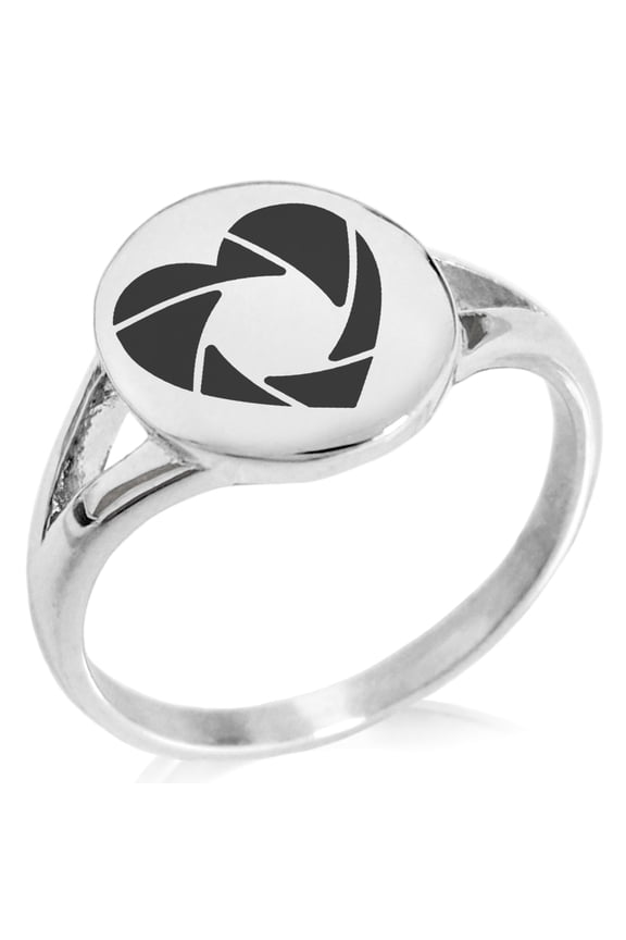 Stainless Steel Camera Shutter Heart Minimalist Oval Top Polished Statement Ring