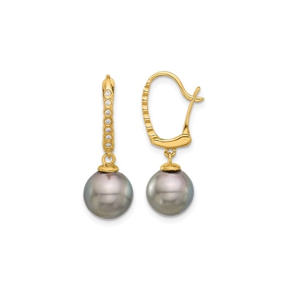 14K White Gold Black Saltwater Tahitian Dangle Pearl Earrings (8-9mm) for Women