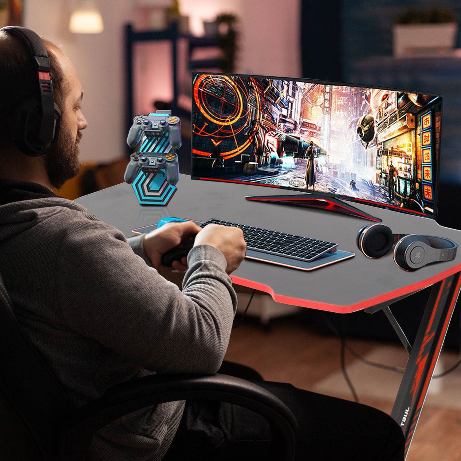 CL.HPAHKL 39 inch Small Gaming Desk, Z Shaped PC Computer Desk Gaming Workstation with Headphone Hook, Ergonomic Gaming Table PC Desk for Game Players, Red