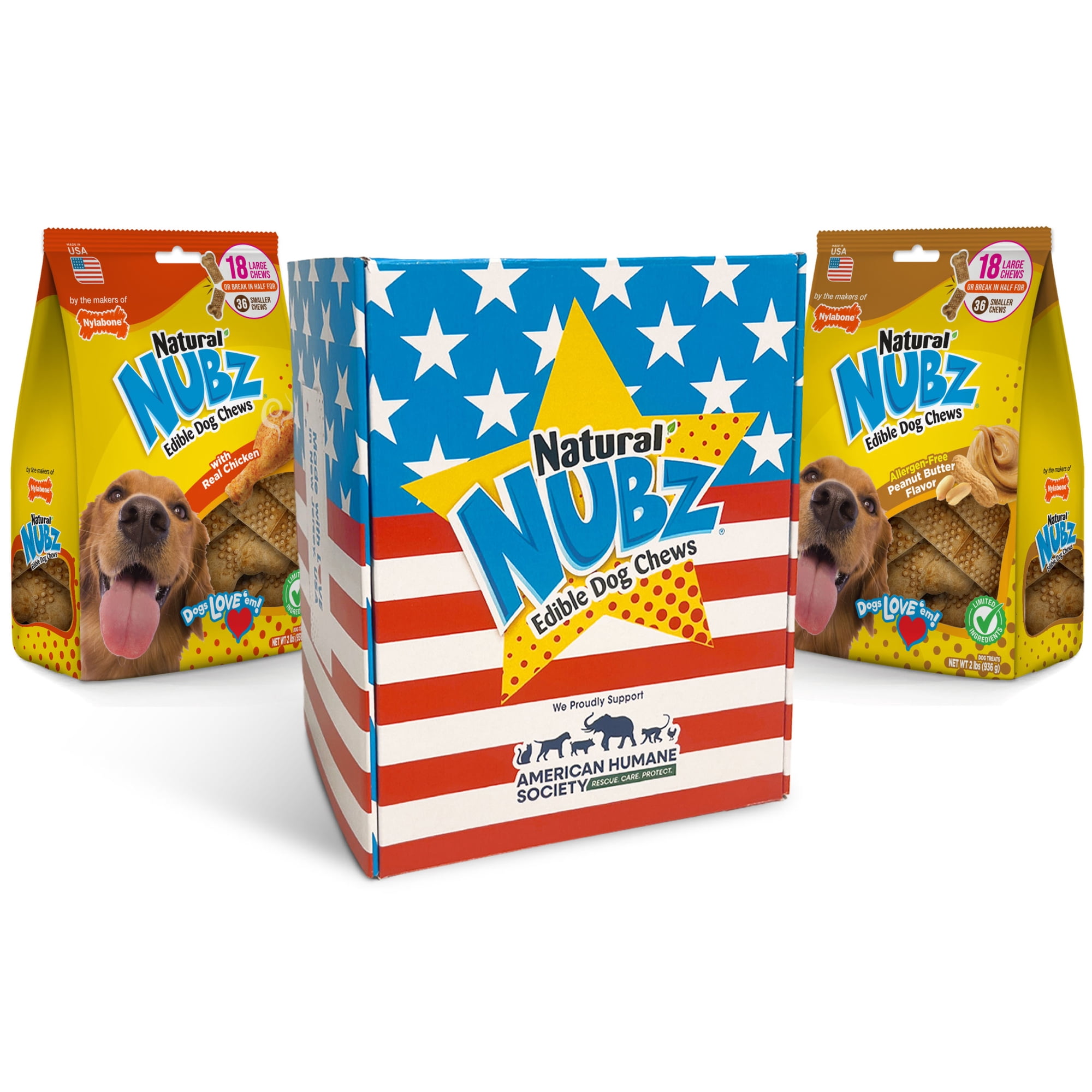 Nylabone Nubz Natural Dog Treats for Large Dogs, Chicken & Peanut Butter Flavor Dog Bones, Large - 30+ lbs., 36 Count