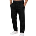 thumbnail image 3 of BiZtdJrK Mens Baggy Straight Leg Linen Pants Casual Elastic Waist Drawstring Beach Pants Lightweight Solid Color Trousers with Pockets, Black, L, 3 of 5