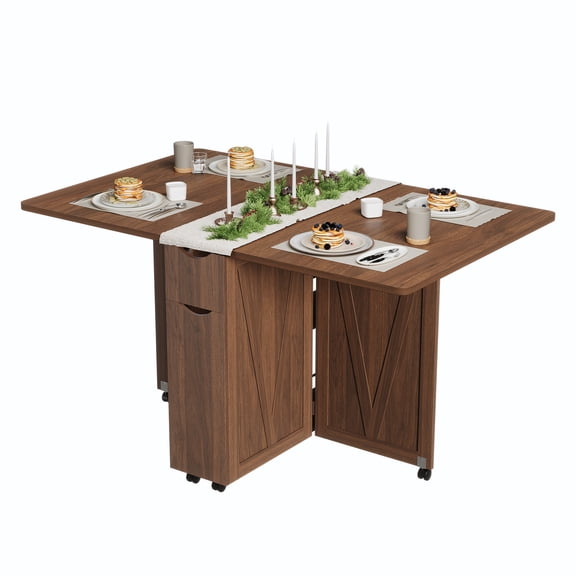 Gaderth Folding Dining Table with 6 Wheels, Kitchen Table Drop Leaf Table with Drawer & Storage Shelf, Space Saving Design for Small Spaces, Apartments
