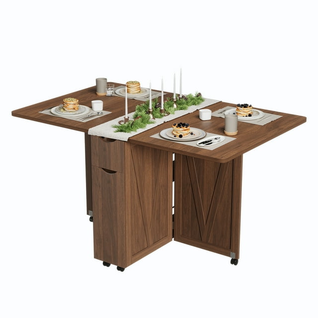 Table à Manger Pliante Extensible avec Armoire de Rangement, Bureau Console de Cuisine Roulant sur Roulettes Verrouillables pour Petits Espaces d'Appartement