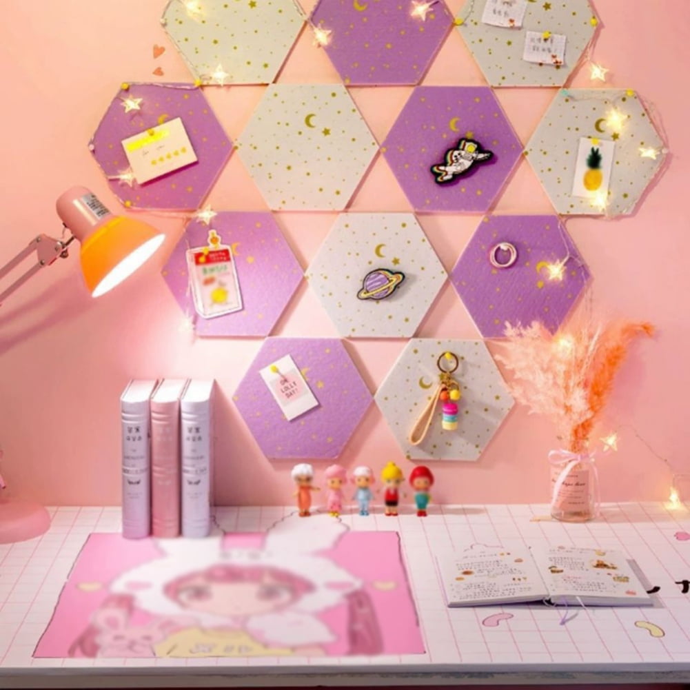 Felt Hexagon Cork Board Tiles,Self-Adhesive Notice Board Pink Wall Tiles with Push Pins for Home Office Classroom Wall Decor Photos Memos- A4 4pcs