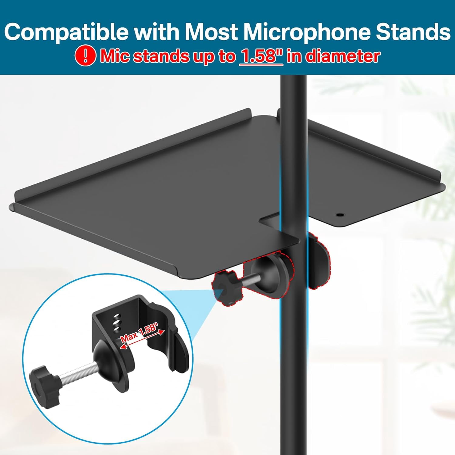 Multi-Functional Metal Mic Stand Tray Shelf with Phone Holder - Universal Microphone Stand Tray Clamp on Most Studio, Concert, Karaoke, Music Stand Tray with 11.7" x 7.8" for Storage
