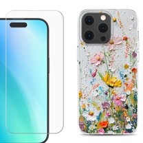 For iPhone 16 Pro Phone Case Cover, Shockproof Case with Tempered Glass Screen Protector, by OneToughShield - Pastel Flowers