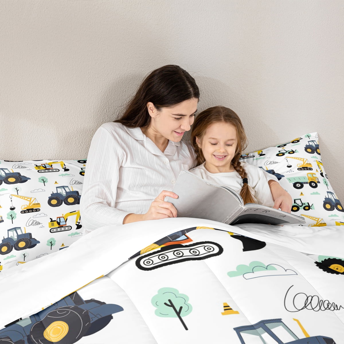 Homewish Crane Bulldozer Excavator 7pcs Bedding Comforter Set,Equipped Truck Queen Bedding Sets,White Yellow Queen Sheet Sets,Microfiber Bedroom Decor