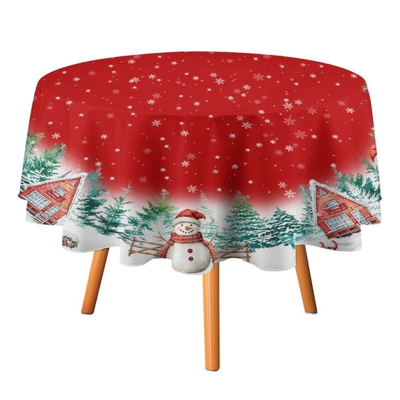 70in Red Snowman House Round Christmas Tablecloth for Holiday Table Decor