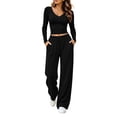 thumbnail image 2 of XRoczxe Women’s 2‑Piece Outfit Set, V‑Neck Long Sleeve Crop Top & Drawstring High Waist Wide Leg Pants with Pockets, 2 of 8