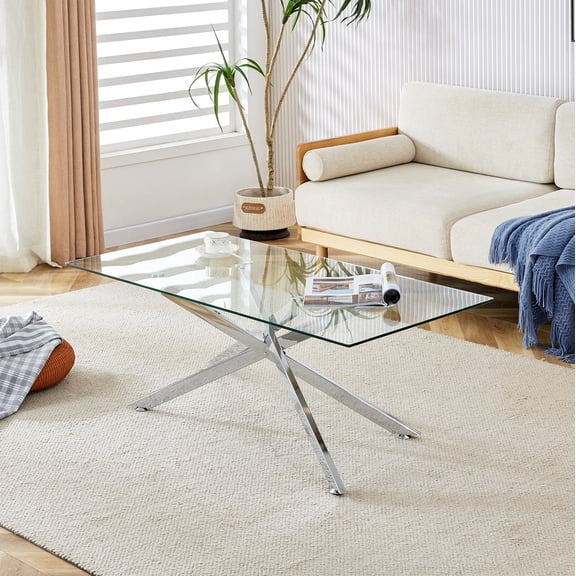 Coffee Table, 47.2" Rectangular Clear Tempered Glass Top with Silver Chrome Plated Metal Legs, Modern Living Room Center Table with Adjustable Feet, 47.2" x 23.6" x 18.1" Size