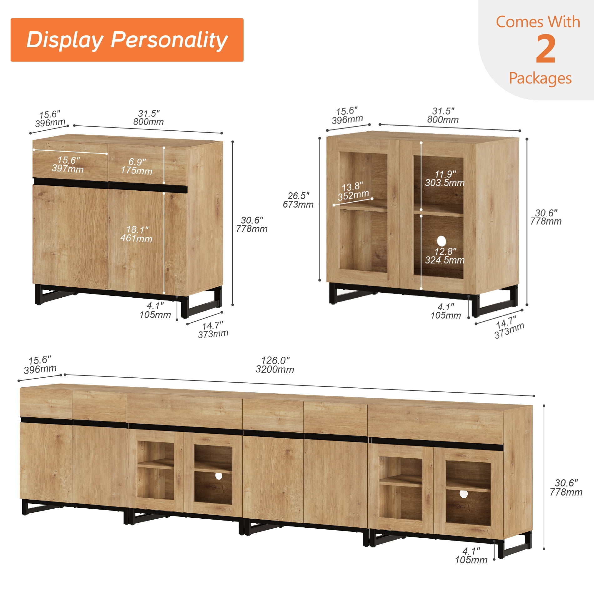 Modern TV Stand For Tvs Up To 120 Inches, 4 In 1 TV Console With Glass Doors And 2 Drawers, Media Console With Adjustable Shelf For Living Room,Oak