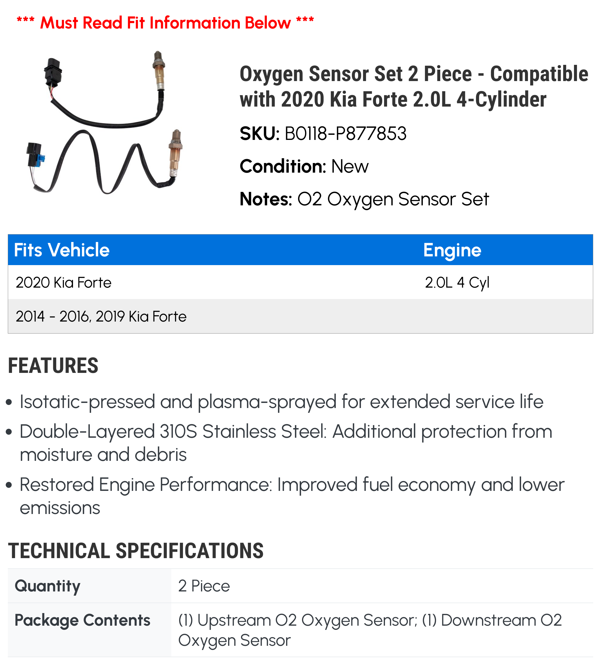Set Of 2 Oxygen O2 Sensors For 2014-2016 Kia Soul 2.0L - Upstream And Downstream
