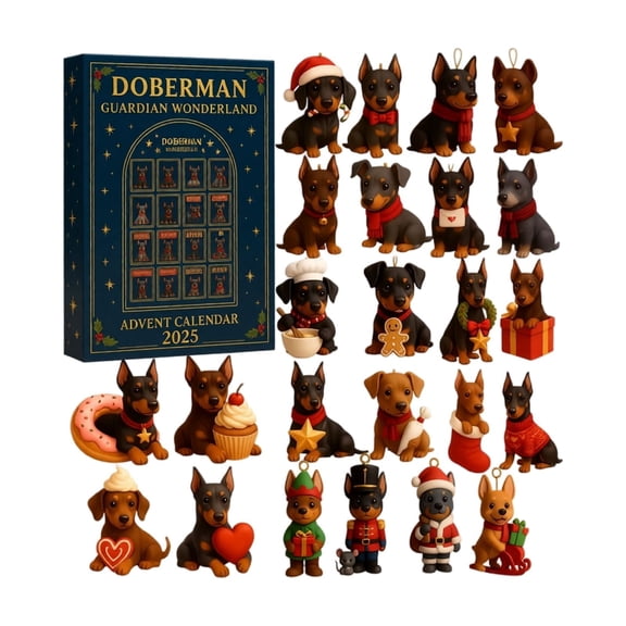Doberman Guardian Wonderland Advent Calendar 2025, 24-Day Countdown with 24 2D Acrylic Doberman Dog Ornaments, Christmas Collection