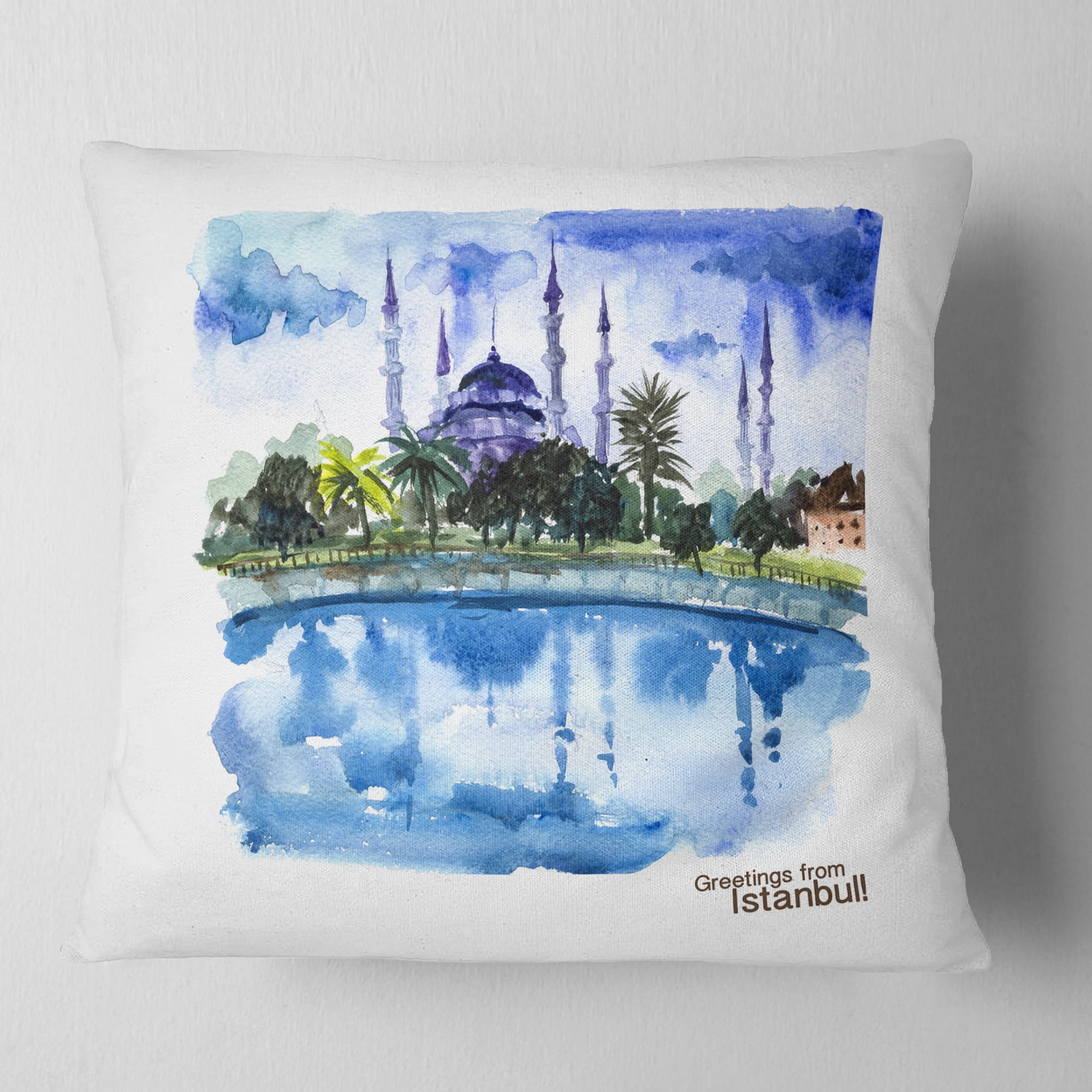 Designart Istanbul Hand drawn Illustration - Cityscape Painting Throw Pillow - 16x16