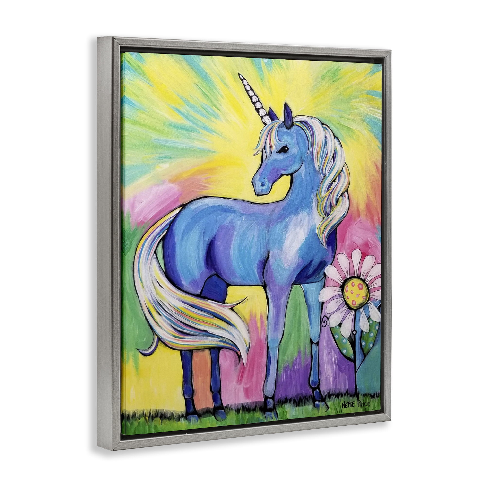 Stupell Industries Magical Unicorn in Rainbow Meadow Gray Framed Floater Canvas Wall Art, design by Nettie Price