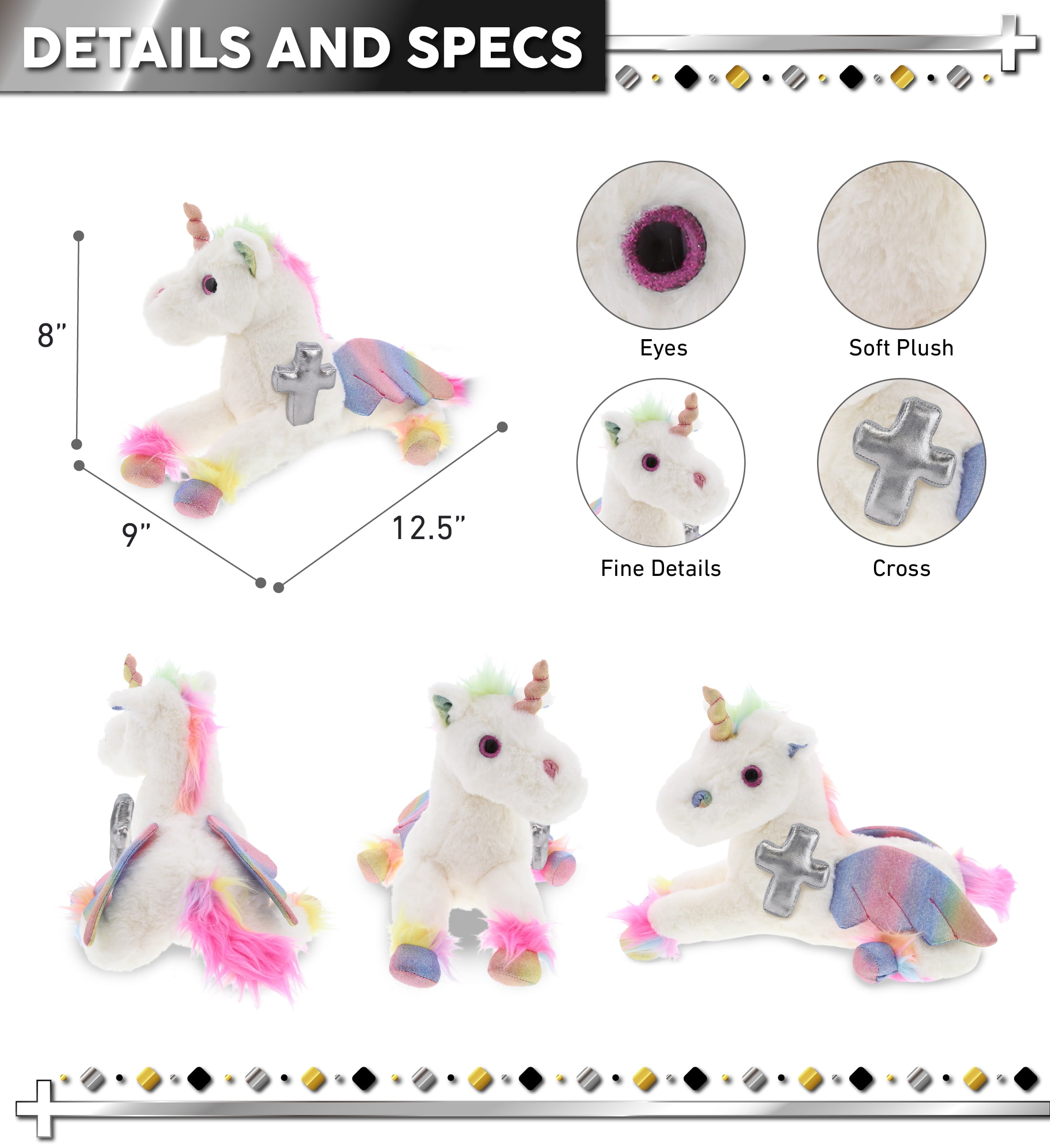 DolliBu Royal Flying Unicorn Stuffed Animal with Silver Cross Plush - Religious Baptism Gifts for Boys and Girls, Dedication Christening Gifts Plush Prayer Toy Healing Stuffed Animal - 8 Inches