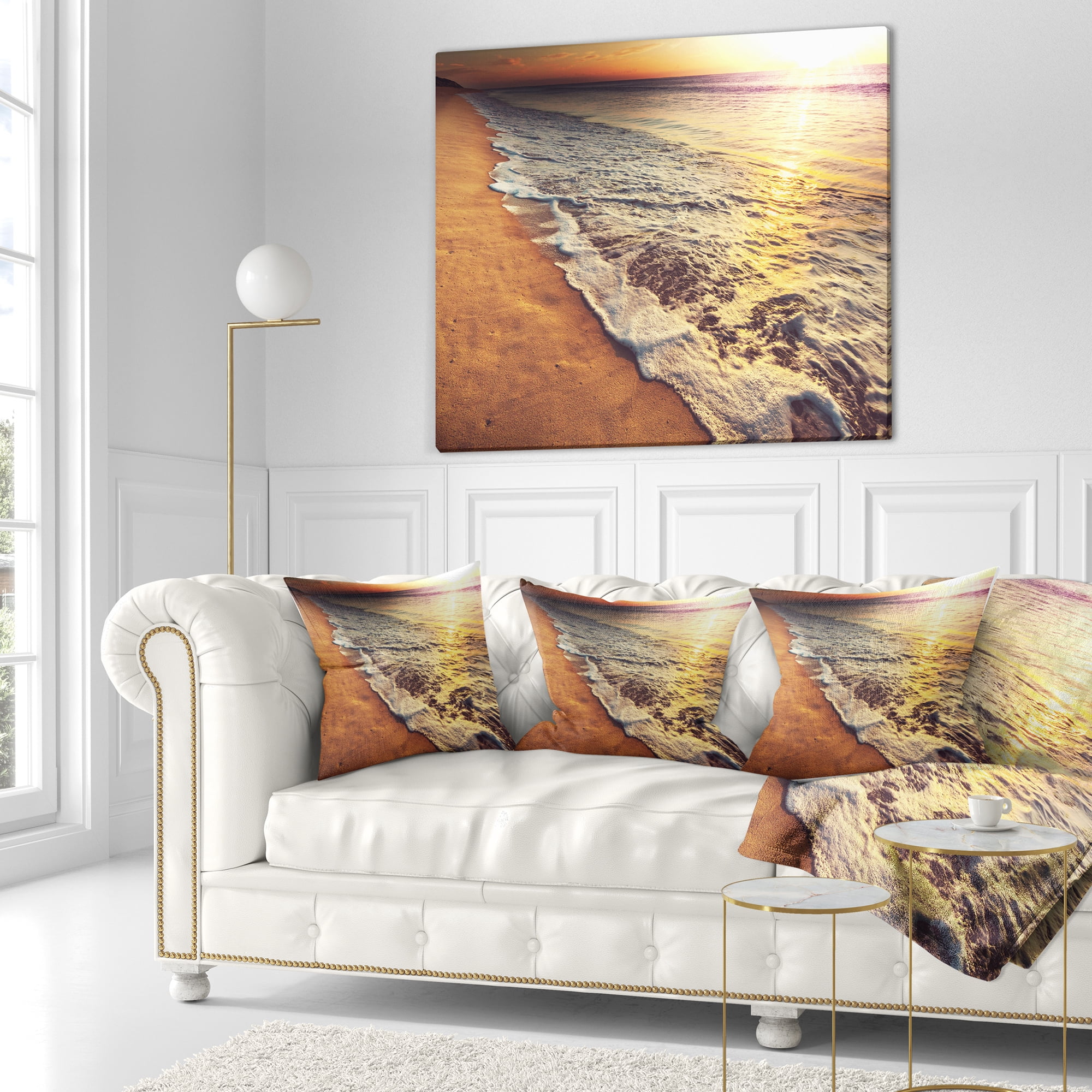 Designart Foaming Waves at Sea Sunset - Modern Beach Throw Pillow - 18x18