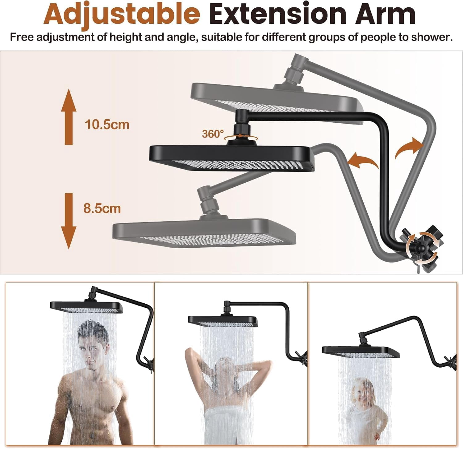 13 Inch High Pressure Rain Shower  with Handheld Spray Combo, Dual Rainfall Shower Heads, Waterfall Tandem Double Showerhead, Adjustable Extension Arm, Massage Handheld Shower - Matte Black