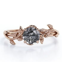 JeenMata 0.50 Carat Solitaire Round Cut Black Rutilated Quartz Vine and Leaf Engagement Ring 18K Rose Gold Plating Over Silver