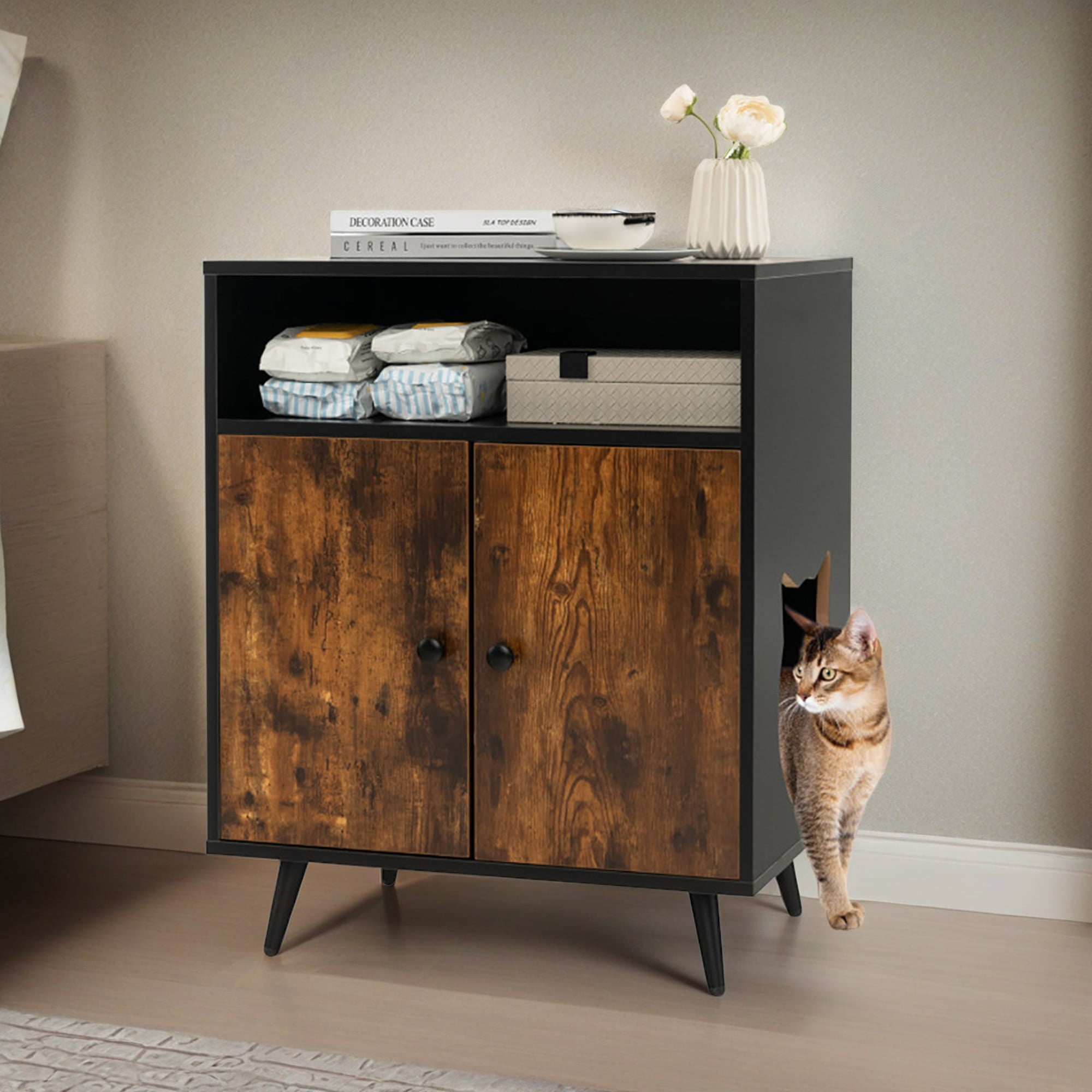 resenkos 29" Wood Hidden Cat Litter Box Enclosure with Entry and Open Compartment, Cat Houses Condo Furniture Cabinet, Black