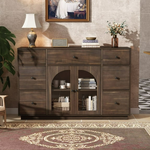 TIMOREN Modern Buffet Sideboard, Storage Cabinet with 2 Doors and 7 Drawers, Adjustable Shelves and Glass Accents for Living Room, Dining Room, or Entryway, Dark Brown
