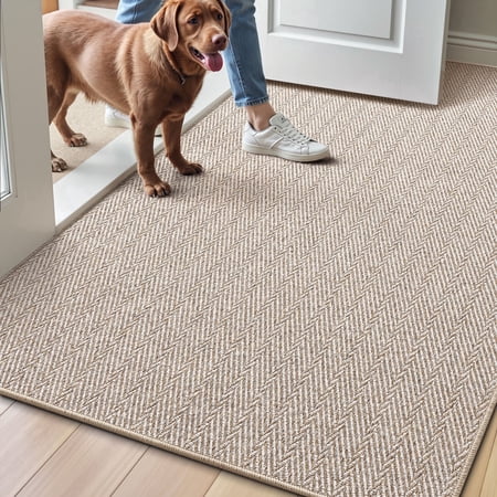 Condition photo showing Good Condition for frabe ultra thin indoor door mat non slip  low profile entryway mat  pet friendly doormat with herringbone design for inside  patio  porch  beige  32x48