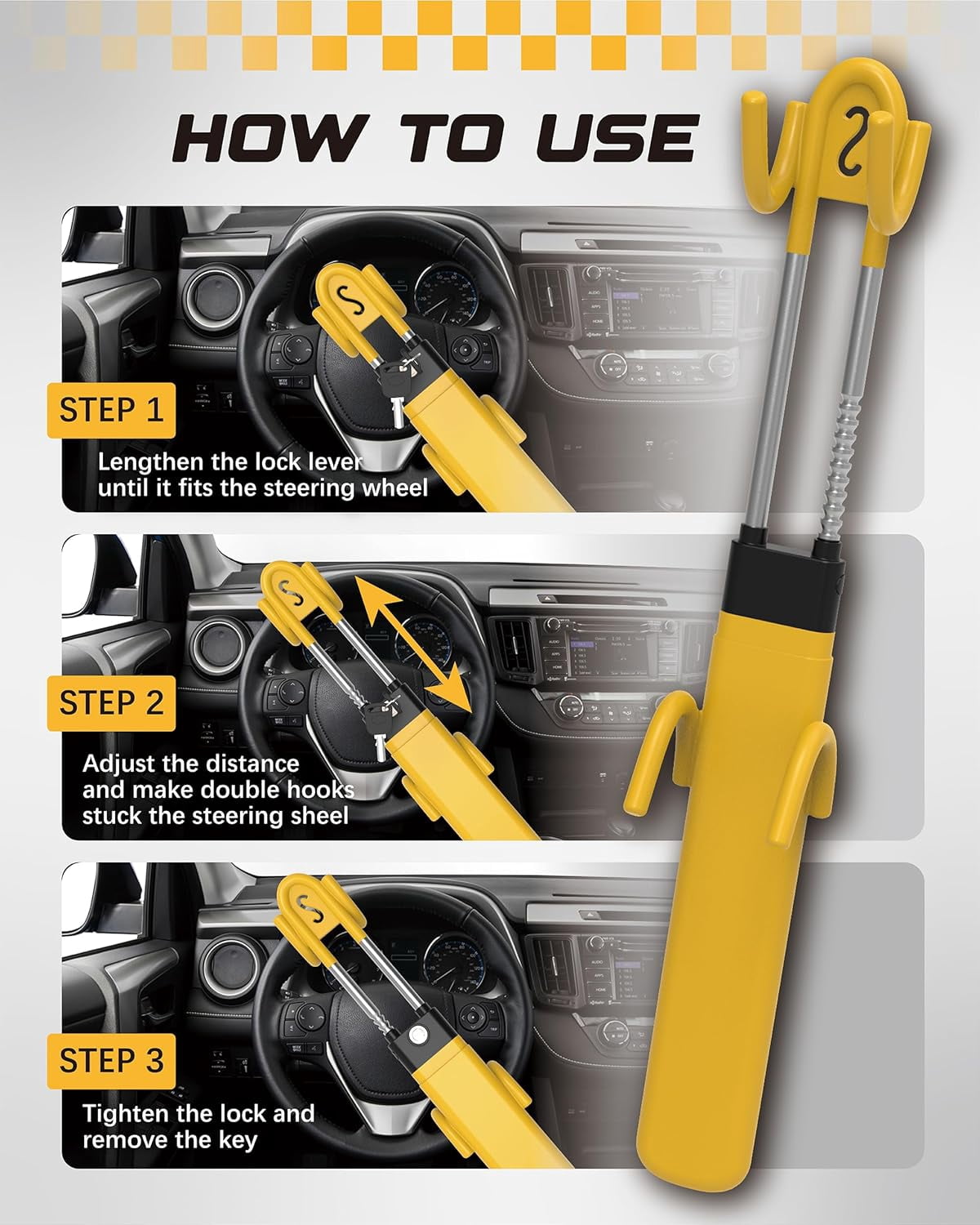 RETRUE Steering Wheel Lock – Heavy Duty Anti-Theft Car Lock with Dual Hook Adjustable Bar, High-Visibility Yellow Rubber Coating with Reinforced Steel, Fits 6–11 in Steering Wheels (Yellow