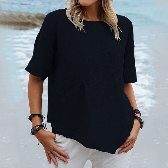 Idoravan Women's Plus Size Tops Fashion Women Summer Casual Short Sleeve Round-Neck Solid Blouse T-Shirt