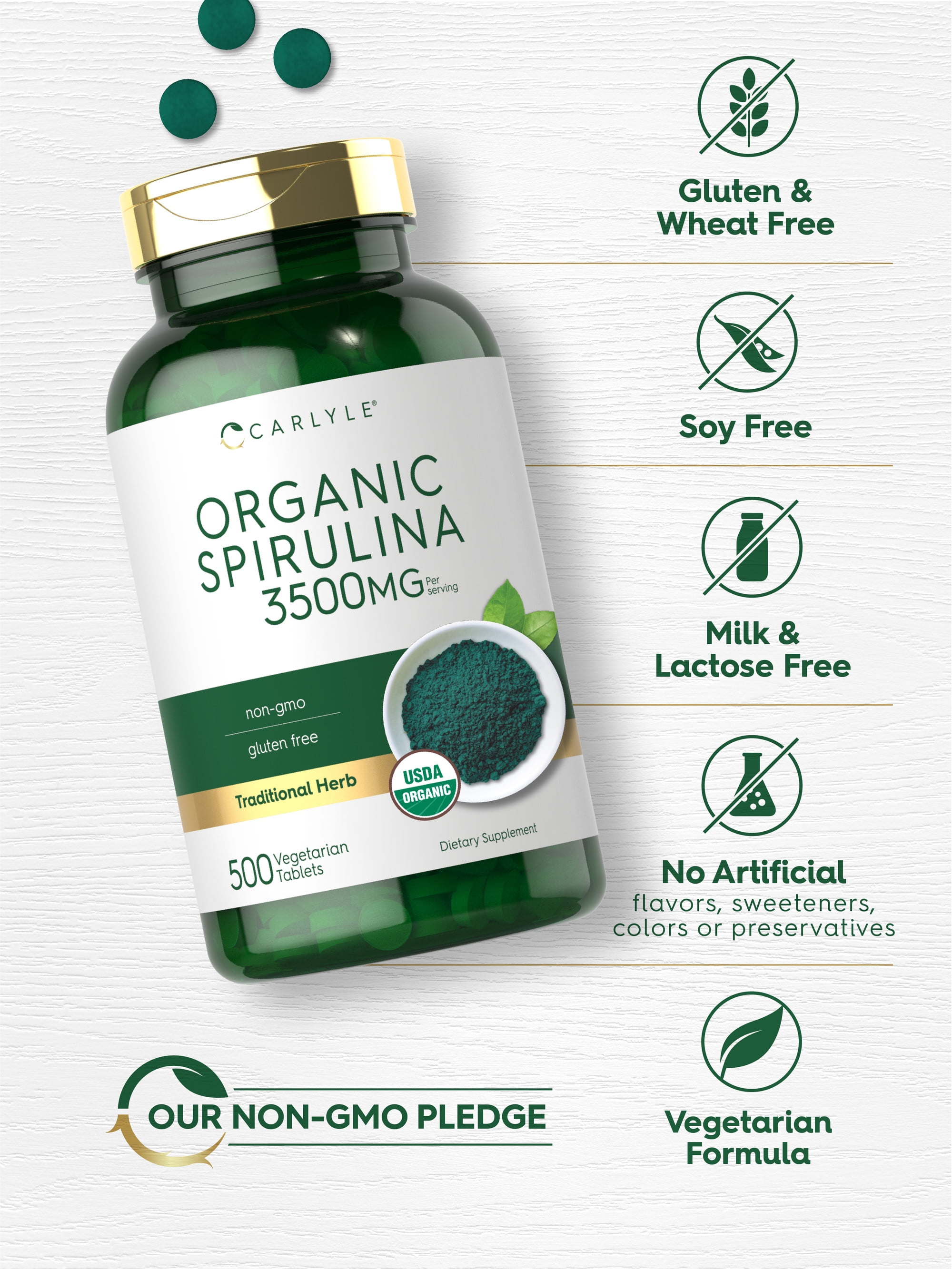 Organic Spirulina Capsules 3500mg | 500 Tablets | Non-GMO & Gluten Free | By Carlyle