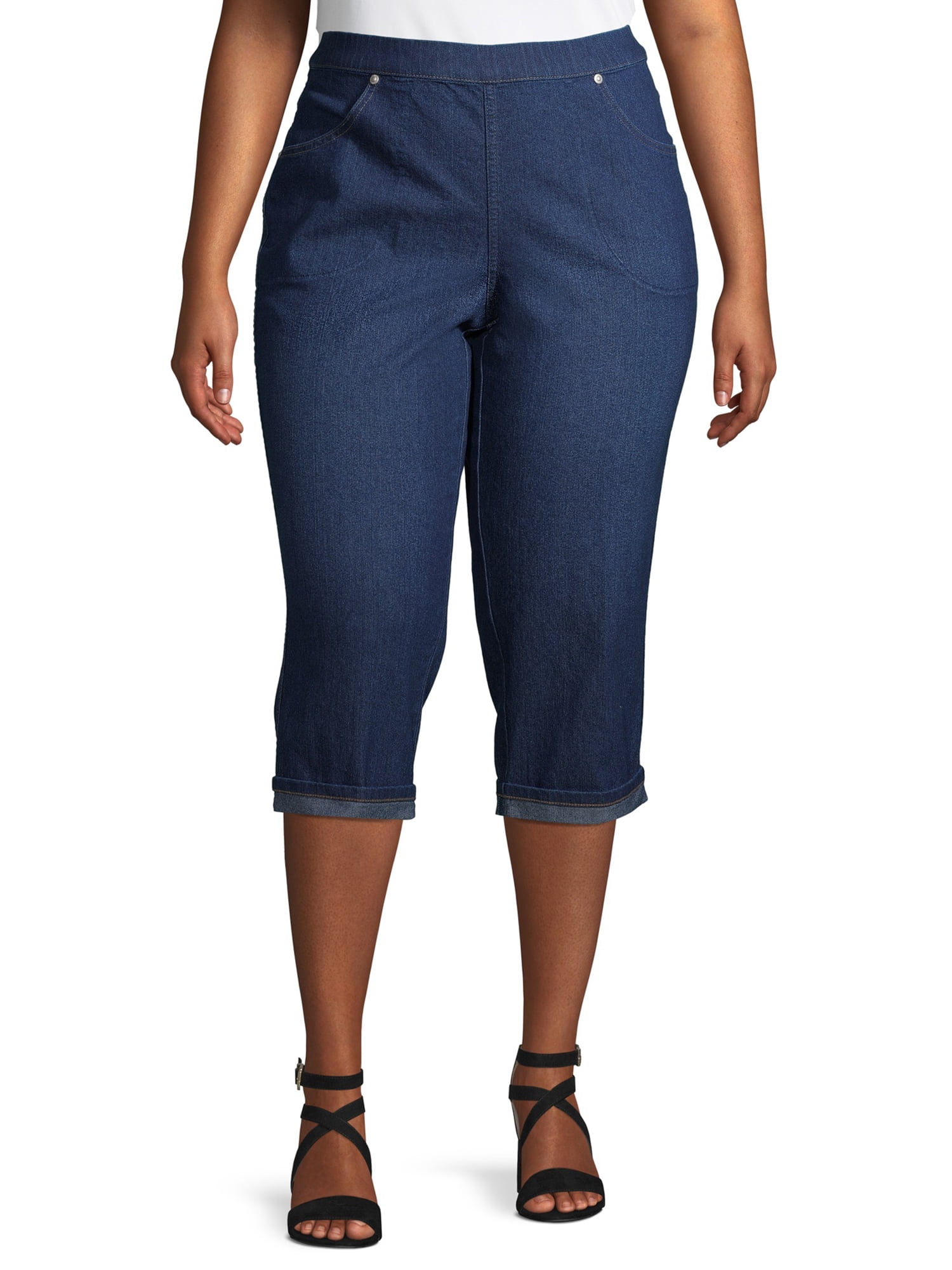 Just My Size Women's Plus Size 4 Pocket Pull on Rolled Cuff Denim ...