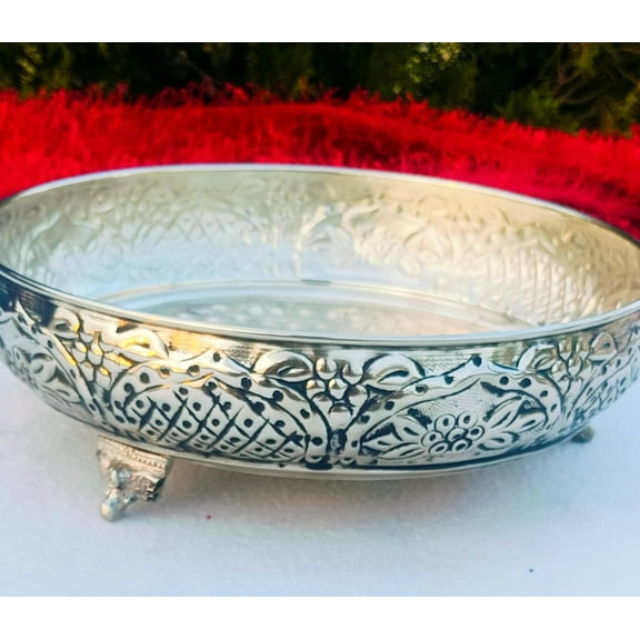 Antique German silver flower carving urli bowl/ tray for serving/ home décor