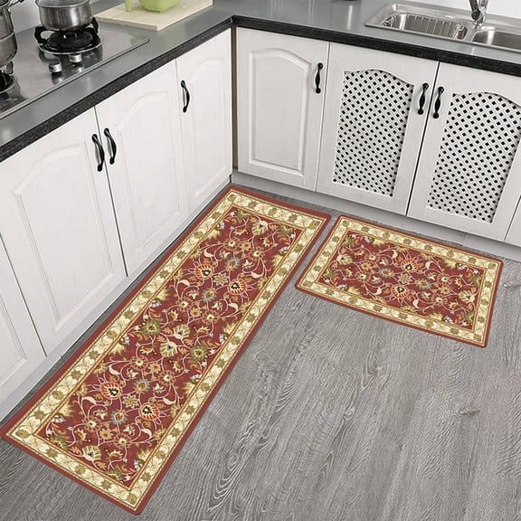 YiBai Kitchen Mats for Floor, Two Piece Non Slip Kitchen Floor Mats Treadmill Rug Set Doormat Boho Doormat Rubber Rug Indoor Floor Mats, Red #.319