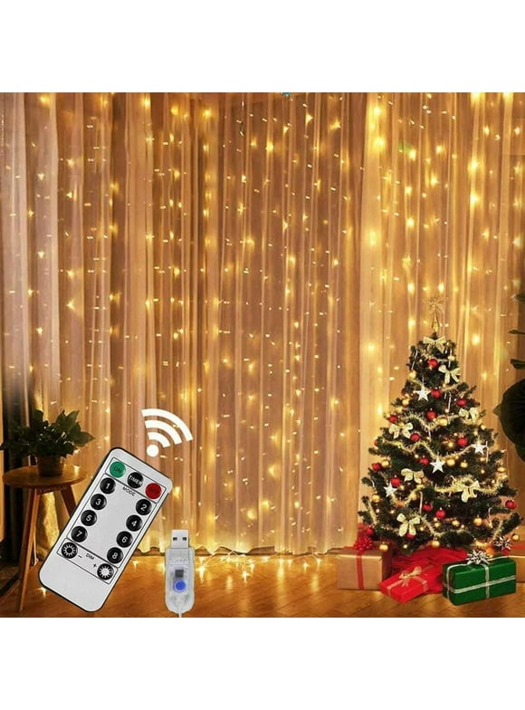 Window Curtain String Light, 300 Waterproof LED Twinkle Lights, 8 Modes Fairy Lights USB Remote Control Lights for Christmas Bedroom Party Wedding Home Garden Wall Decorations(9.9x9.9 Ft)