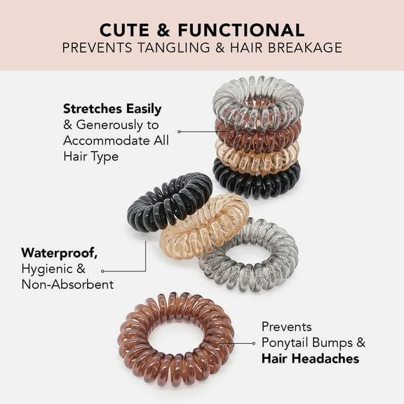 Large Spiral Hair Ties for Women - Waterproof Ponytail Holders for Teens | Stylish Phone Cord Hair Ties & Hair Coils for Girls | Coil Hair Ties for Thick Hair & Thin Hair, 8 Pcs (Brunette)