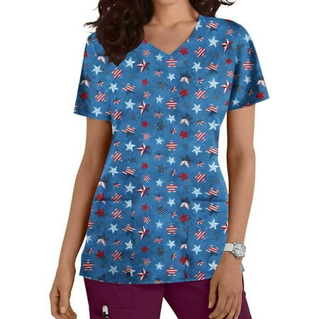 

RKSTN Nursing Scrub Tops for Women 4th of July Summer Tops for Women V Neck Tops for Women Independence Day Print Womens Tops on Clearance