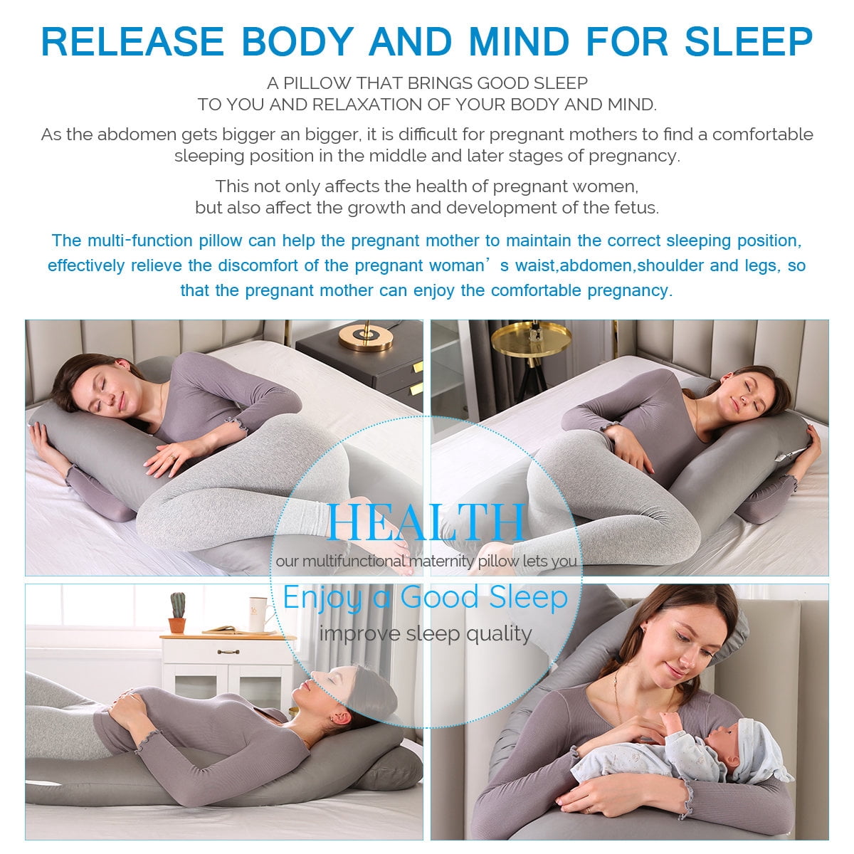 Topchances Pregnancy Pillow Maternity Belly Contoured Body with Cotton Cover Grey