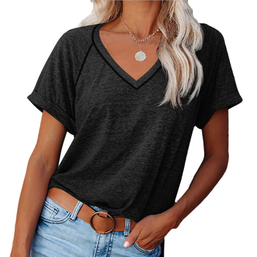 Women's Summer V-Neck Short Sleeve Solid Color Loose Casual T-Shirt ...