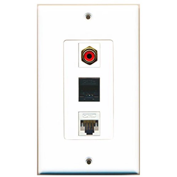 RiteAV - 1 Port RCA Red and 1 Port Cat5e Ethernet White and 1 Port Cat5e Ethernet Black Wall Plate Decorative
