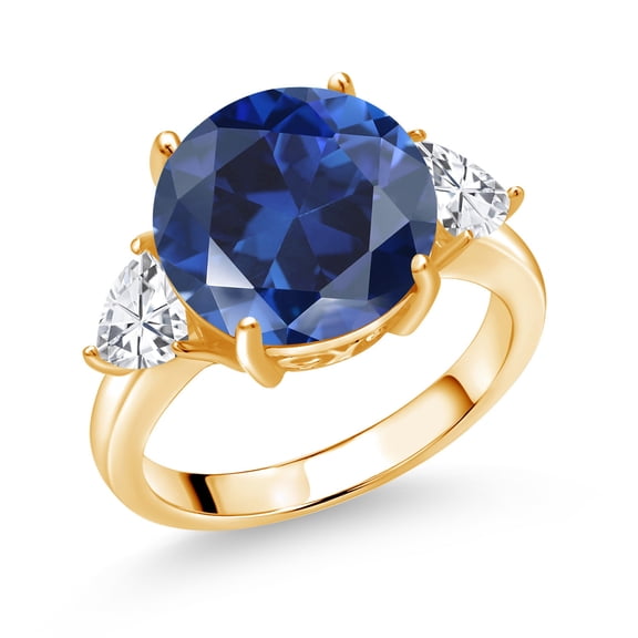 Gem Stone King 18K Yellow Gold Plated Silver Blue Simulated Sapphire 3-Stone Ring for Women (7.54 Cttw, Round 12MM, Trillion 5MM, Size 9)