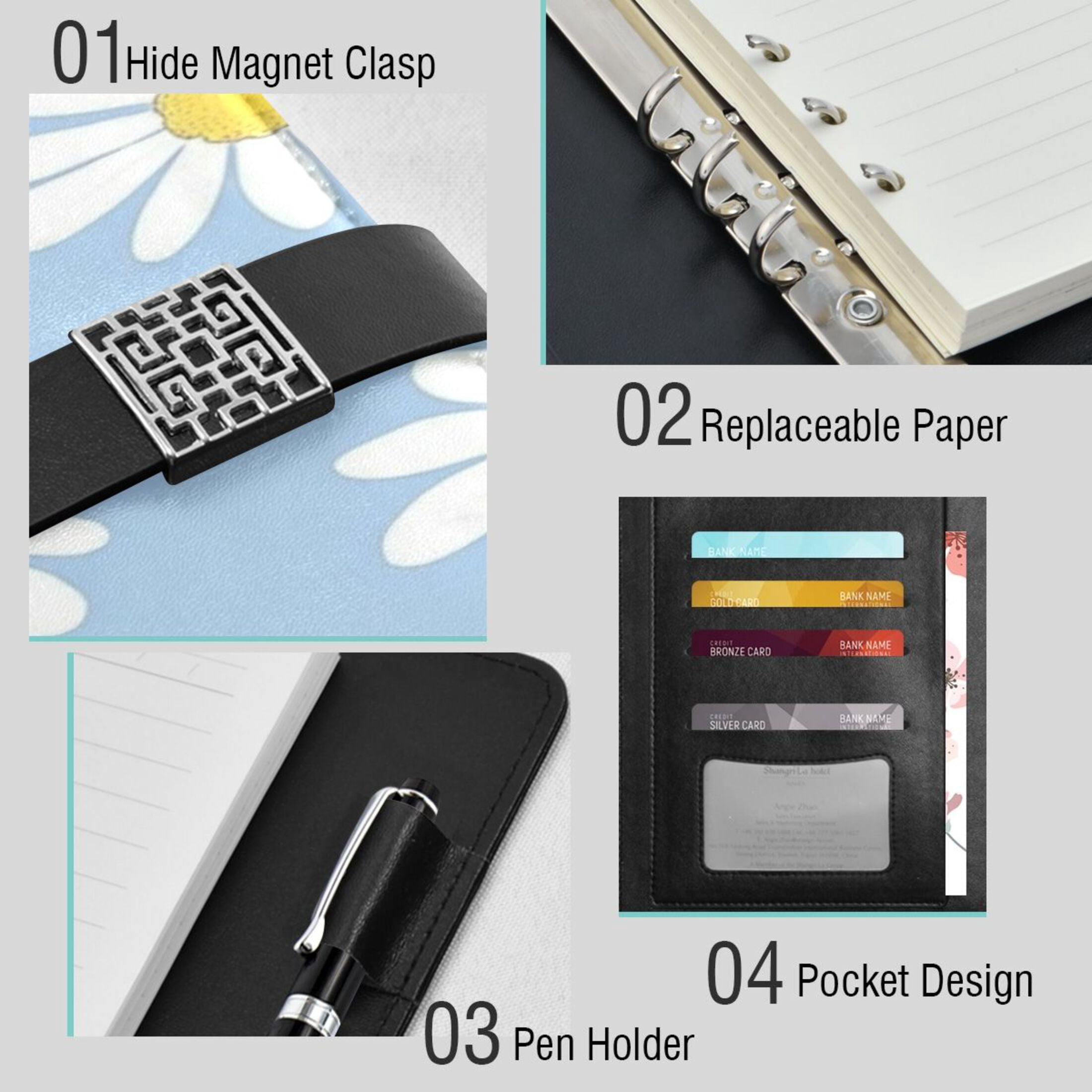 9.2x6.7 inch Leather Notebook 100 Sheets, Multi-Pocket Design & Pen Loop White Daisies Pattern Refillable Journal Organizer