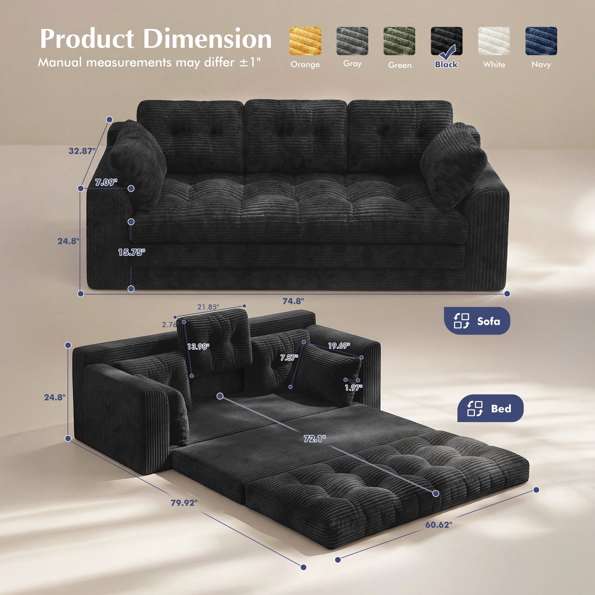 EnHomee 74.8" Foldable Sofa for Adult 3 Seater Sofa Bed Couch with Deep Seat Adjustable Floor Sofa Couch with 5 Pillows,Black